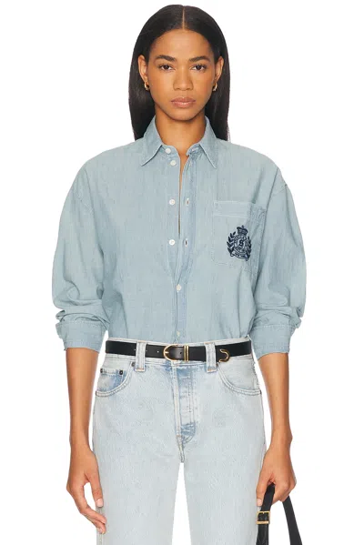 Sporty And Rich Health & Wellness Crest Oversized Button Down Top In Chambray