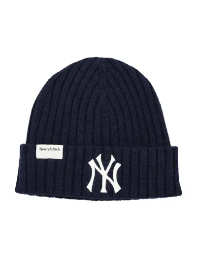Sporty And Rich Sporty & Rich Heritage Logo Ribbed Cashmere Wool Beanie In Blue
