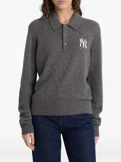 Sporty And Rich Heritage Yankees Serif Cashmere Polo-collar Sweater In Gray