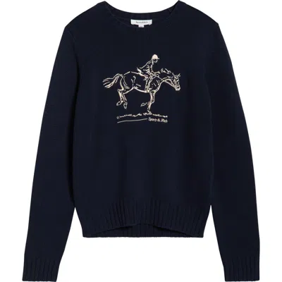 Sporty And Rich Sporty & Rich Horse Embroidered Cotton Sweater In Blue