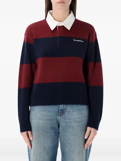 Sporty And Rich Logo-embroidered Striped-pattern Polo Top In Blue