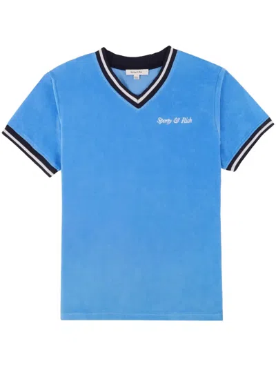 Sporty And Rich Logo-embroidered V-neck T-shirt In Blue