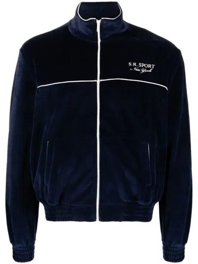 Sporty And Rich Logo-embroidered Zipped Sweatshirt In Blau