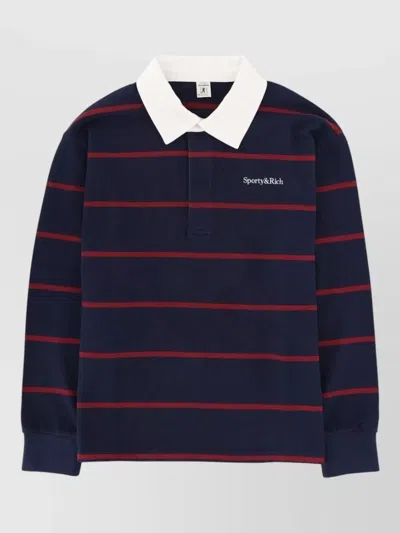 Sporty And Rich Logo Long Sleeve Polo Striped Collar In Blue