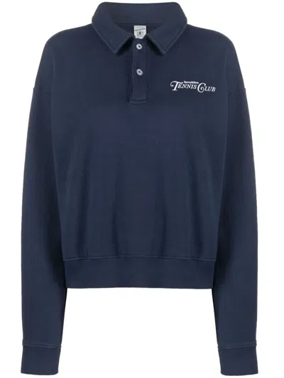 Sporty And Rich Logo-print Cotton Polo Top In Blue