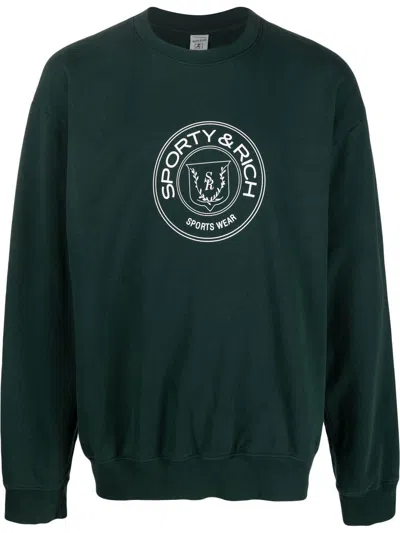 Sporty And Rich Logo-print Crew Neck Jumper In Forest Greenwhite