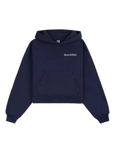 Sporty And Rich Logo-print Long-sleeve Hoodie In Blue