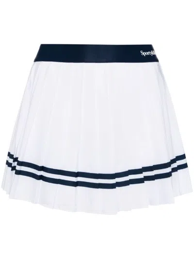 Sporty And Rich Logo-print Pleated Skirt In White/navy