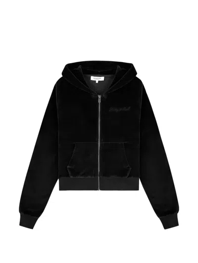 Sporty And Rich Logo-embellished Velour Hoodie In Black