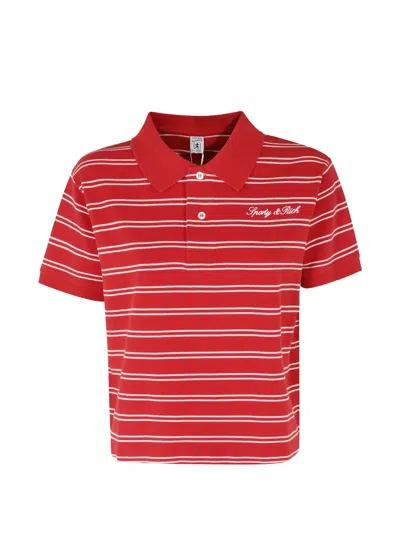 Sporty And Rich Red Signature Logo Striped Boxy Cotton Polo Shirt
