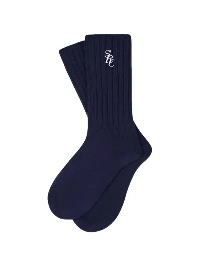 Sporty And Rich Logo-embroidered Ribbed Socks In Blue
