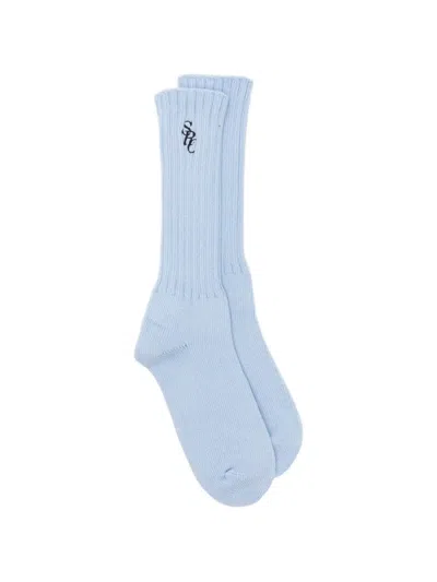 Sporty And Rich Logo-embroidered Ribbed-knit Socks In Blue