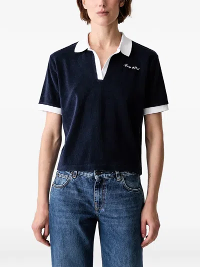 Sporty And Rich Logo-embroidered Towelling V-neck T-shirt In Blue