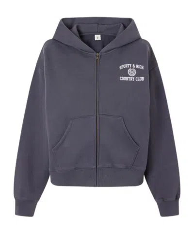 Sporty And Rich Logo-print Garment-dyed Cotton-jersey Zip-up Hoodie In Blue