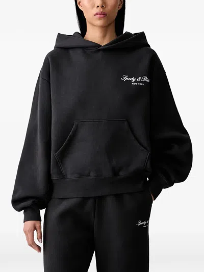 Sporty And Rich Logo-print Pouch-pocket Hoodie In Black