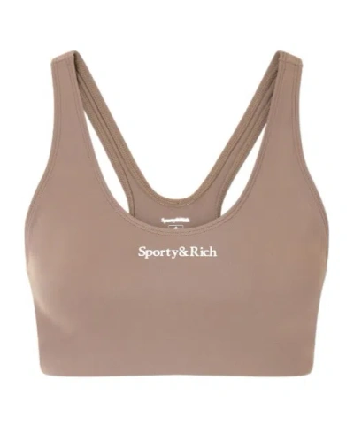 Sporty And Rich Logo-print Stretch-jersey Sports Bra In Sand-colored