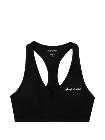 Sporty And Rich Logo-print V-neck Sports Bra In Black