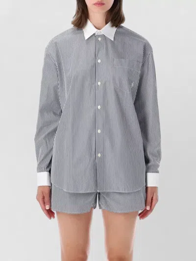 Sporty And Rich Long Sleeve Striped Shirt Contrast Collar In Blue