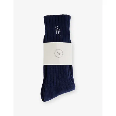 Sporty And Rich Mens Navy Logo-embroidered Rib-knit Socks In Blue