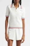 Sporty And Rich Womens White Dark Navy Ruby Serif Logo Mini Cable-knit Polo Shirt In Multi
