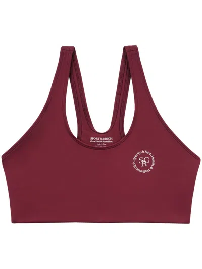 Sporty And Rich Billie Printed Stretch Sports Bra In Burgundy
