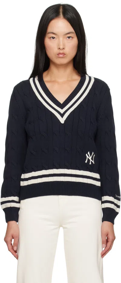 Sporty And Rich Navy '47 Edition Yankees Serif Cable Knit Sweater In 31 Navy White