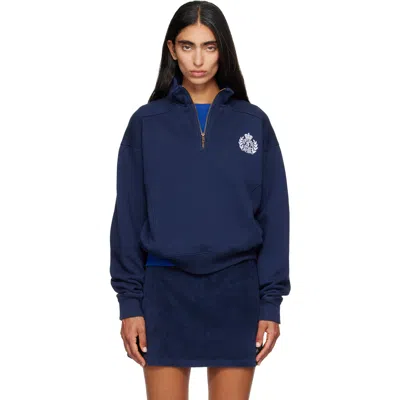 Sporty And Rich Navy Ny Crest Embroidered Quarter Zip Sweatshirt In Blue