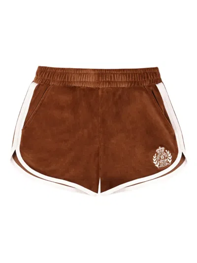 Sporty And Rich Ny Crest Contrasting Trims Logo Track Shorts In Brown