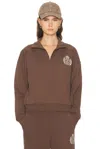 Sporty And Rich Ny Crest Embroidered Quarter Zip Sweatshirt In Brown