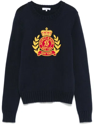 Sporty And Rich Navy Ny Crest Knitted Crewneck Sweater In Blue