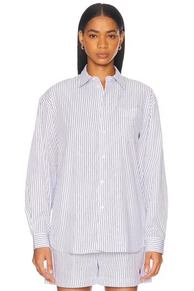 Sporty And Rich Oversized Button Down Top In Blue Striped