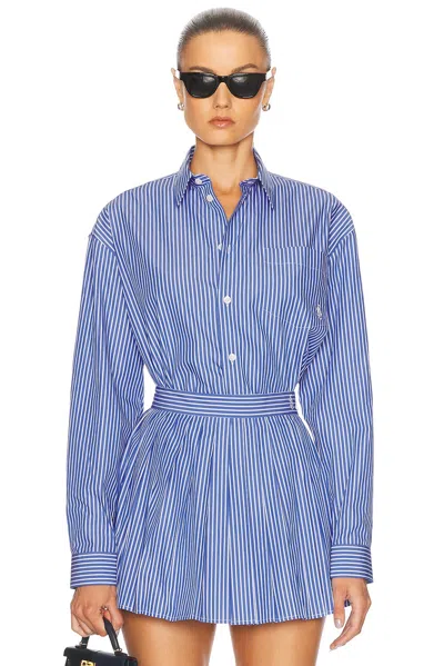 Sporty And Rich Oversized Button Down Top In Blue Striped