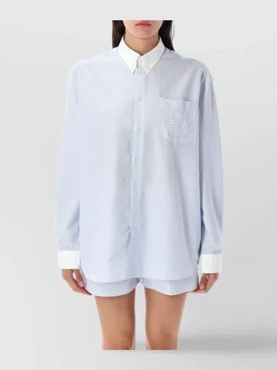 Sporty And Rich Oversized Cotton Oxford Embroidered Shirt In Blue