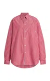 Sporty And Rich Oversized Striped Cotton Button Down Shirt In Red