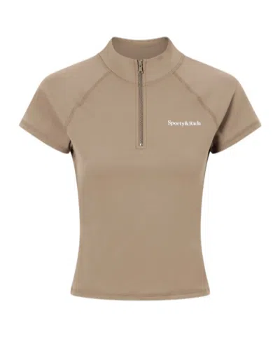 Sporty And Rich Logo-print Stretch-jersey Half-zip T-shirt In Brown