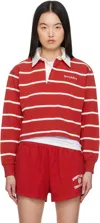 Sporty And Rich Womens Serif Rugby Striped Cotton-knit Polo Shirt Ruby White In 3953 Ruby/white