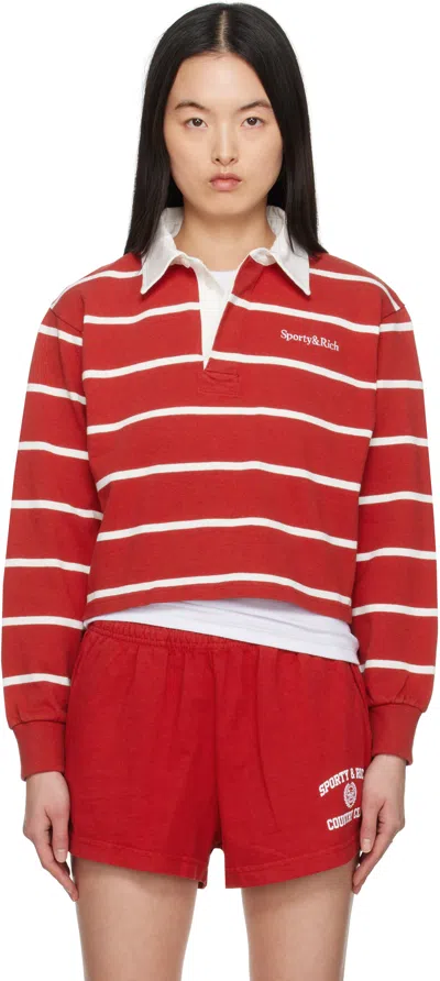SPORTY AND RICH RED & WHITE SERIF LOGO RUGBY POLO