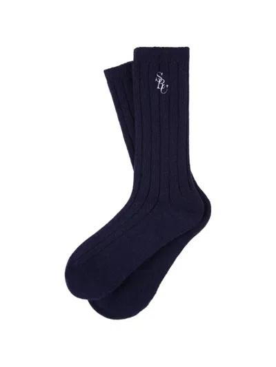 Sporty And Rich Ribbed Embroidered-logo Socks In Blue