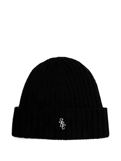 Sporty And Rich Womens Black Src Ribbed Cashmere And Wool Beanie