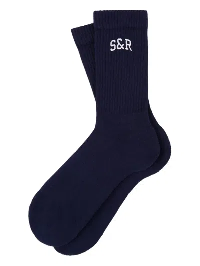 Sporty And Rich Ribbed Logo Socks In Blue