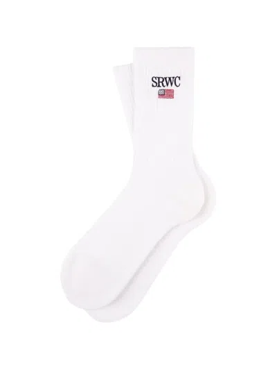 Sporty And Rich Ribbed Logo Socks In White