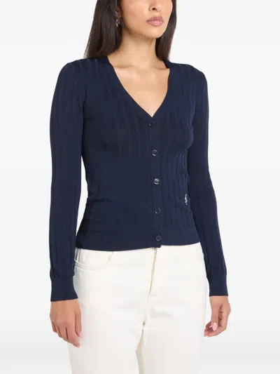 Sporty And Rich Ribbed-knit V-neck Cardigan In Blue