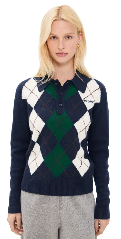 Sporty And Rich Serif Logo Argyle Cashmere Polo Dark Navy In Blue