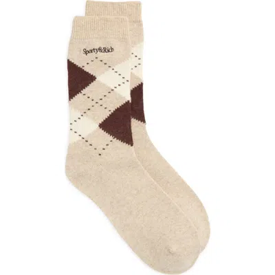 Sporty And Rich Sporty & Rich Serif Logo Argyle Crew Socks In Cream