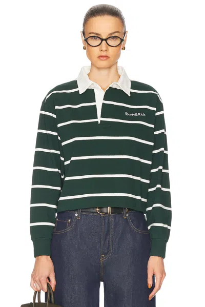 Sporty And Rich Womens Serif Rugby Striped Cotton-knit Polo Shirt Forest White In Green