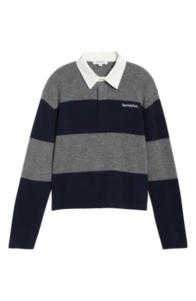 Sporty And Rich Sporty & Rich Serif Logo Embroidered Cashmere & Wool Rugby Polo Sweater In Gray