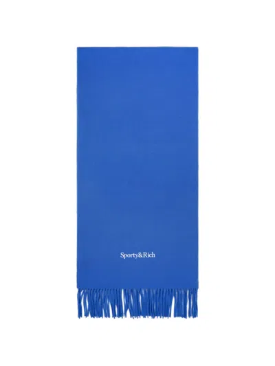Sporty And Rich Serif-logo Fringe Scarf In Blue