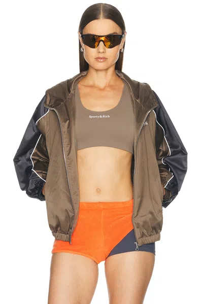 Sporty And Rich Serif Logo Gym Jacket In Sand  Carbon  & White