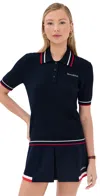 Sporty And Rich Womens Serif Cable Knitted Polo Shirt Navy In Navy White/bright Red
