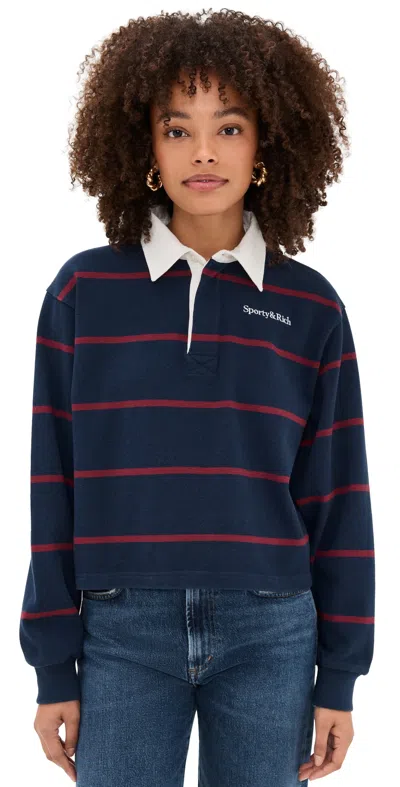 Sporty And Rich Serif Logo Rugby Polo Dark Navy/white/merlot